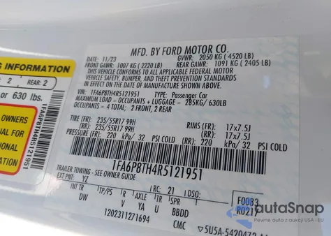 2024 Ford Mustang Ecoboost Fastback из США, поврежденный, VIN 1FA6P8TH4R5121951